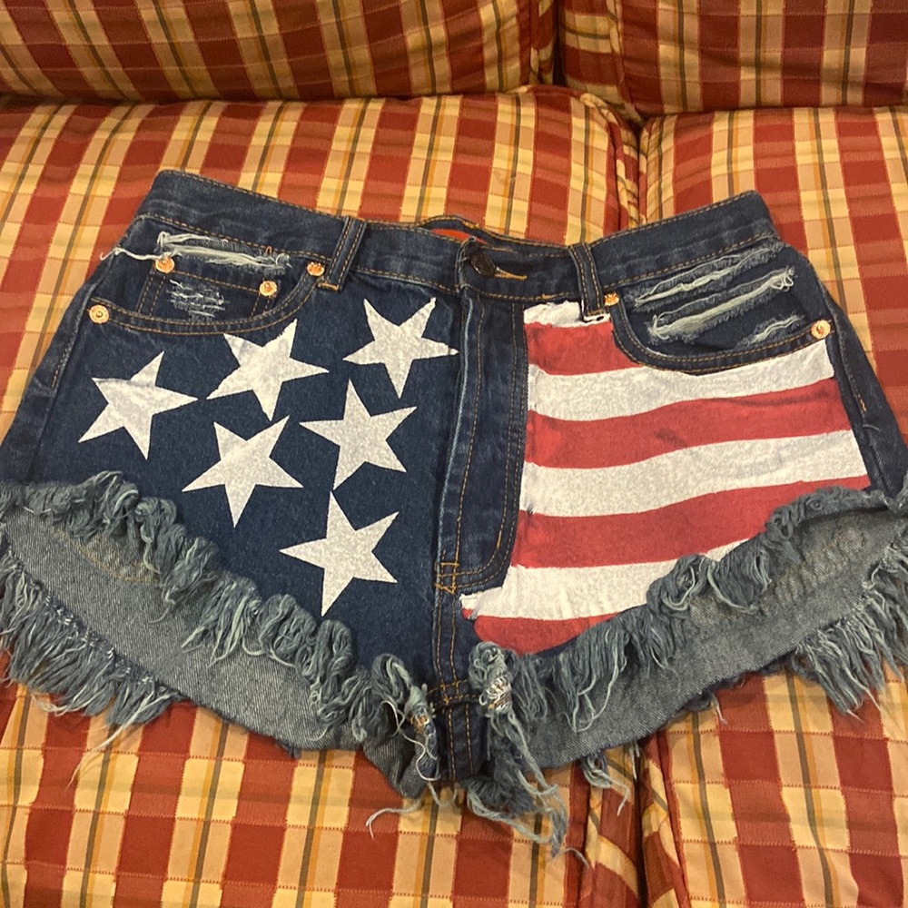 Signature8 Women's American Flag Denim Jean Shorts - Blue, White, Red